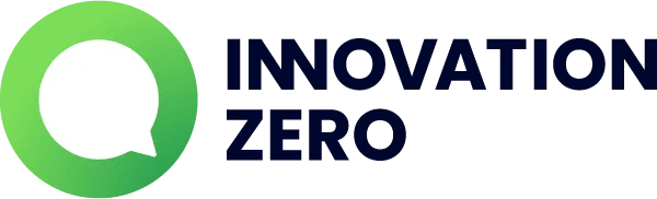 The image shows the Innovation Zero logo, featuring a green circular icon with a white inner section adjacent to the text "INNOVATION ZERO" in bold, black letters.