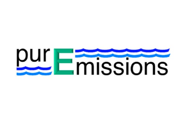 The logo displays the text "purEmissions" where the "E" is green and incorporates blue wave lines through "pur" and the top of "E.