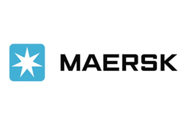 Maersk logo featuring a white star inside a light blue square, followed by the word "MAERSK" in black capital letters.