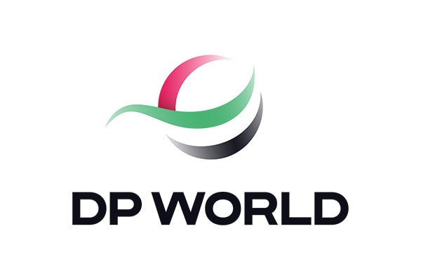 Logo of DP World with a circular emblem featuring green, red, and black colors, and the text "DP WORLD" below it in bold, black letters.
