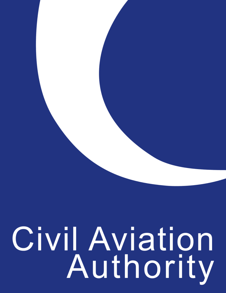 Civil Aviation Authority logo with a large black crescent shape on a dark blue background and the text "Civil Aviation Authority" in white underneath.