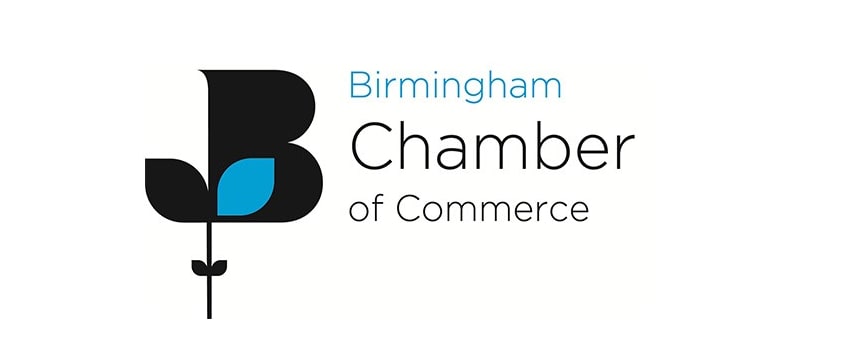 Logo of the Birmingham Chamber of Commerce, featuring a stylized "B" with a leaf motif in black and blue, next to the text "Birmingham Chamber of Commerce.