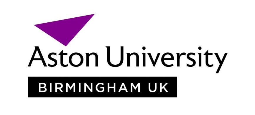 Logo of Aston University with a purple triangle above the name, followed by "Birmingham UK" in a black rectangle.