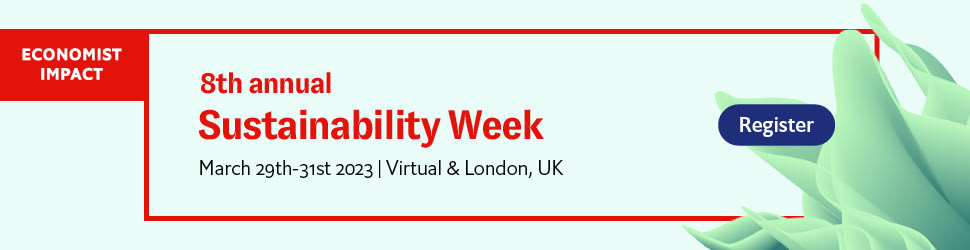 Banner for the 8th Annual Sustainability Week by Economist Impact, taking place from March 29th to 31st, 2023 in London, UK, with an option for virtual attendance. "Register" button on the right.