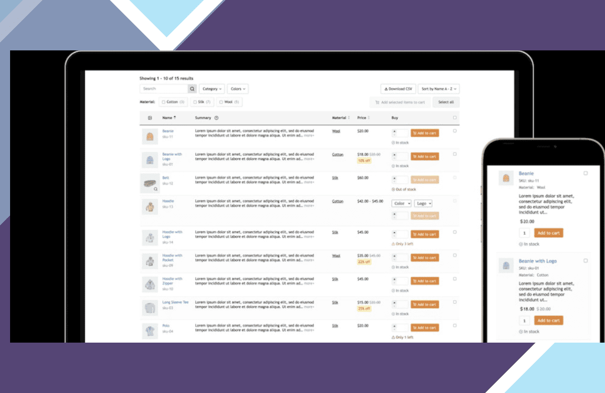 WPC Product Table for WooCommerce screenshot
