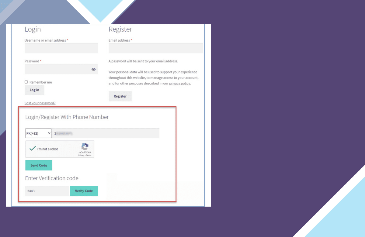 Registration and Login with Mobile Phone Number screenshot
