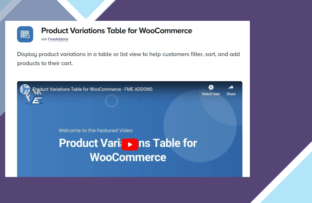 Product Variation Table screenshot