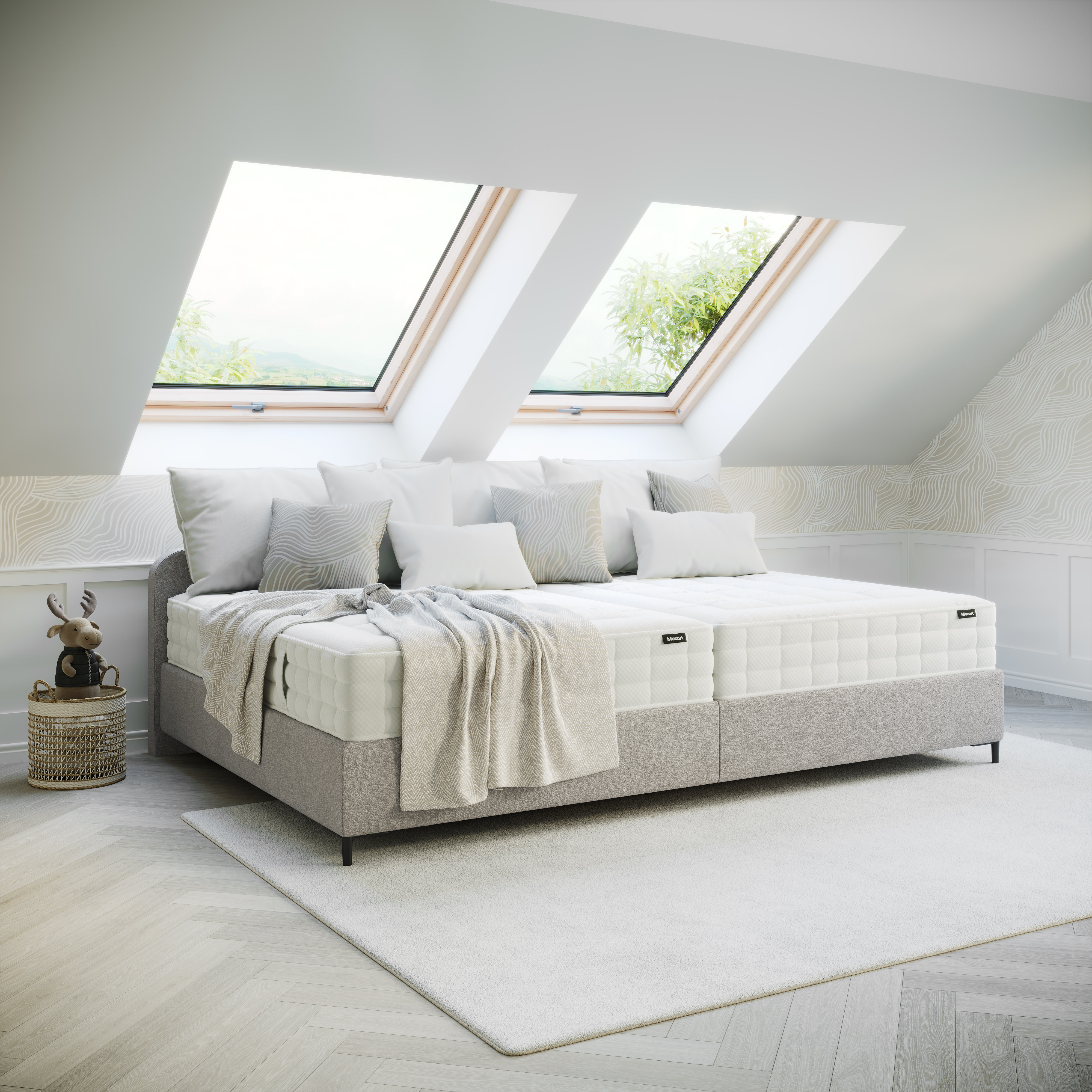 Mozart Boxspringbett mit niedrigem Kopfteil | Perfekt für Räume mit Dachschrägen | 100% Konfigurierbar