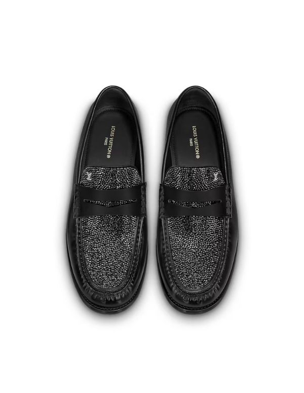 Men Louis Vuitton Shoes Black Glazed Calf Leather and Strass