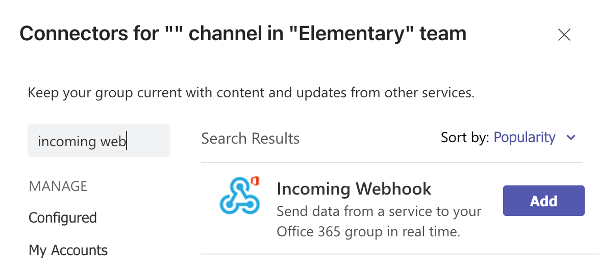 Teams add incoming webhook