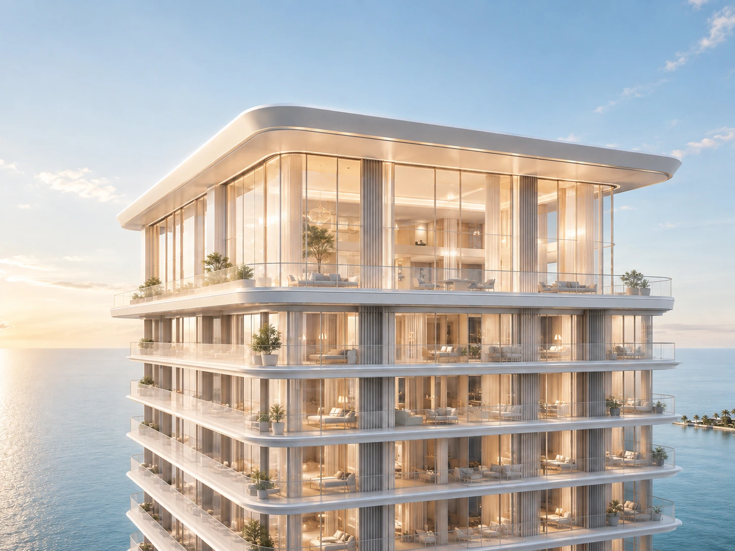 A single penthouse at the crown of a fictional waterfront tower, with taller glazing and more generous proportions than the residences below