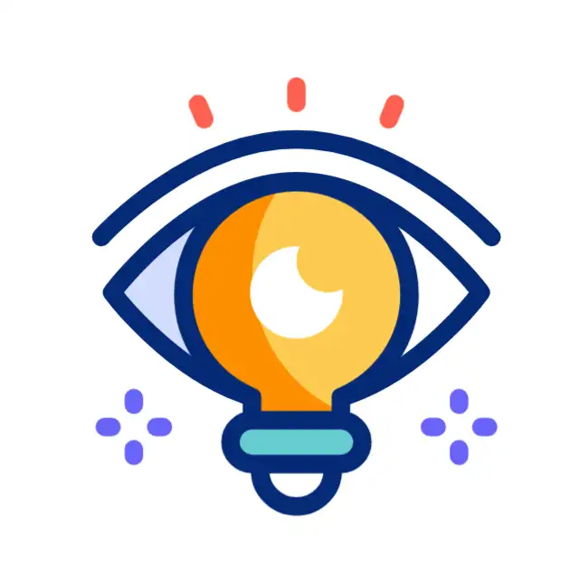 Creative vision and innovation icon featuring an eye with a glowing light bulb, symbolizing strategic thinking, bright ideas, and future-forward insights.