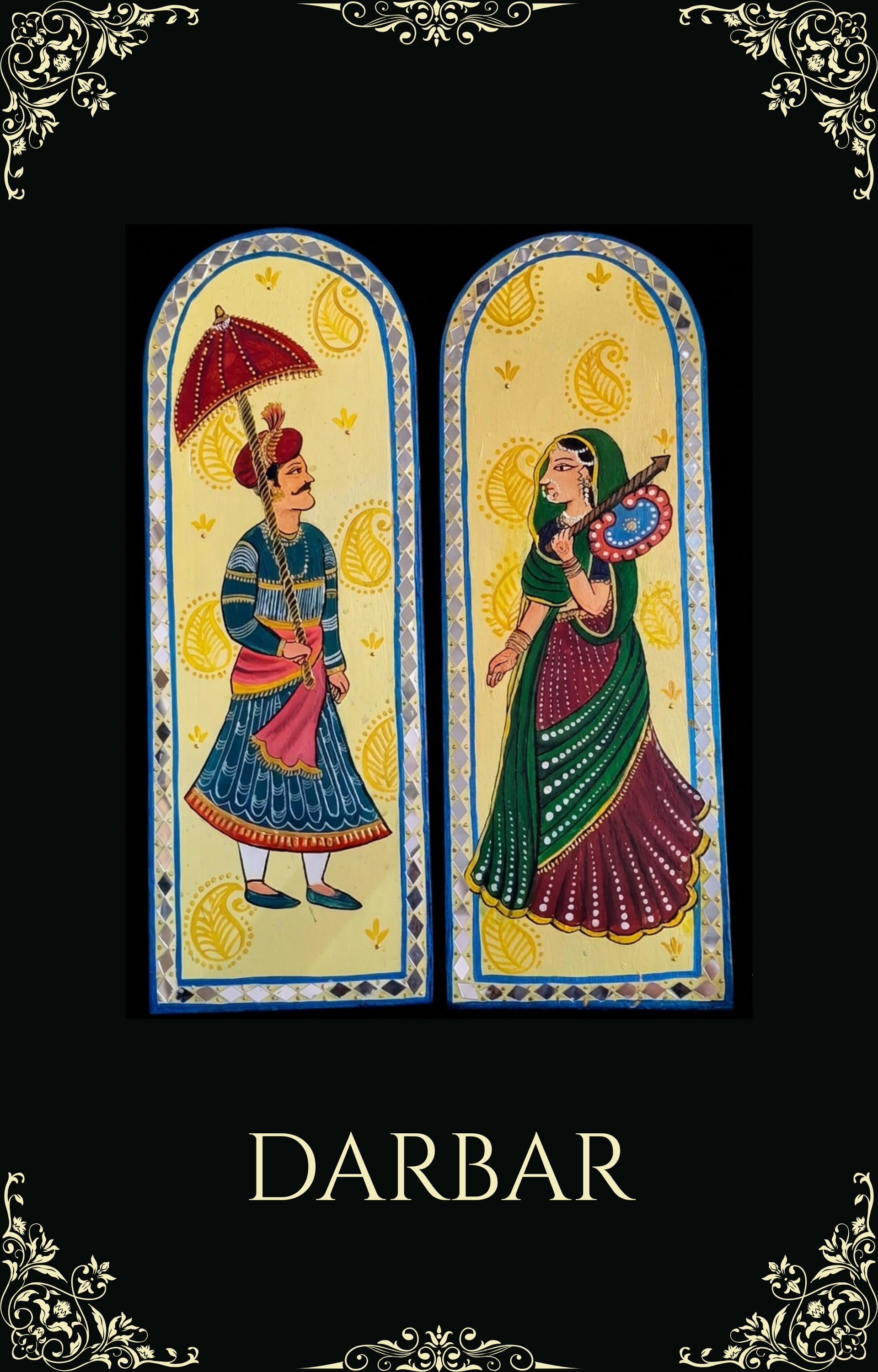 Handpainted Rajasthani royal couple on arched yellow panels with mirror work borders and paisley designs.