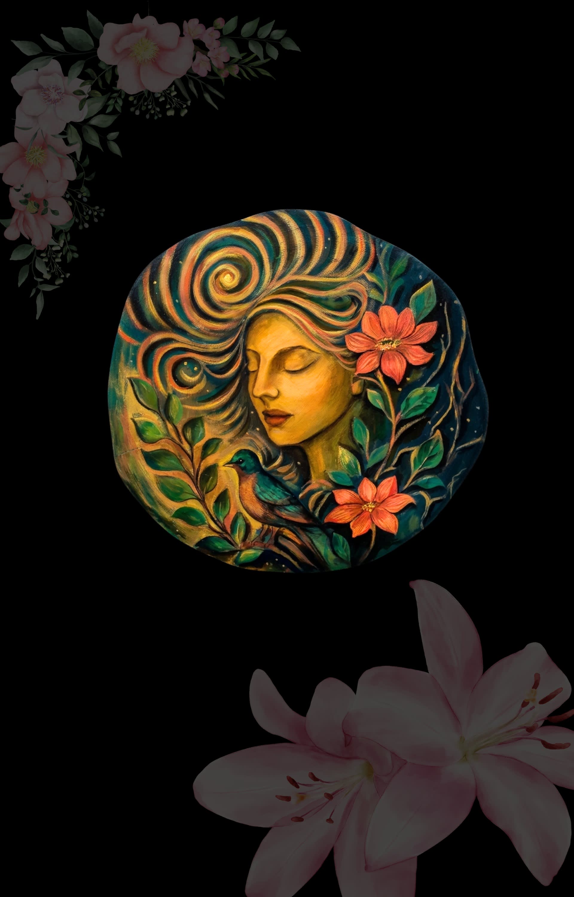 A circular painting of a woman with closed eyes, swirling golden hair, flowers, and a songbird on dark canvas.