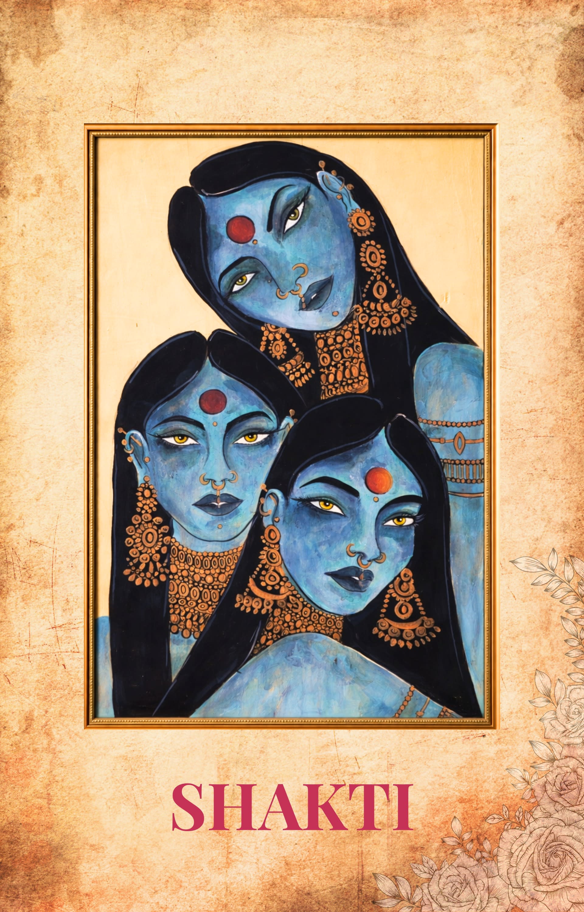 Three ethereal blue-skinned women with gold jewelry and red bindis, painted in a spiritual Indian style.