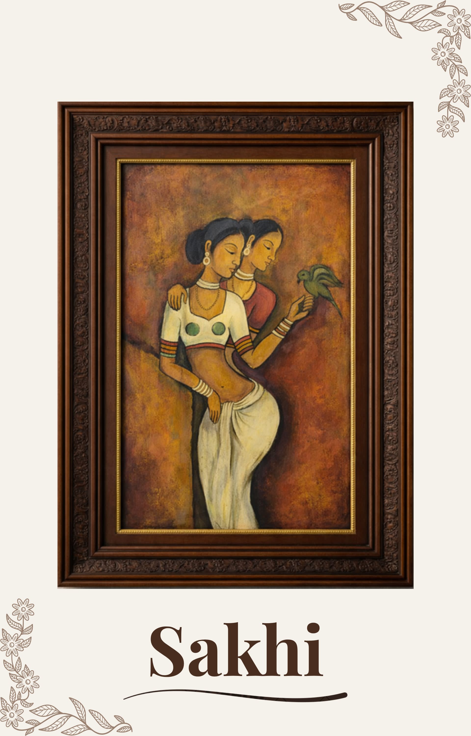 A painting of two Indian women in traditional attire sharing a moment with a small bird, rendered in earthy warm tones.