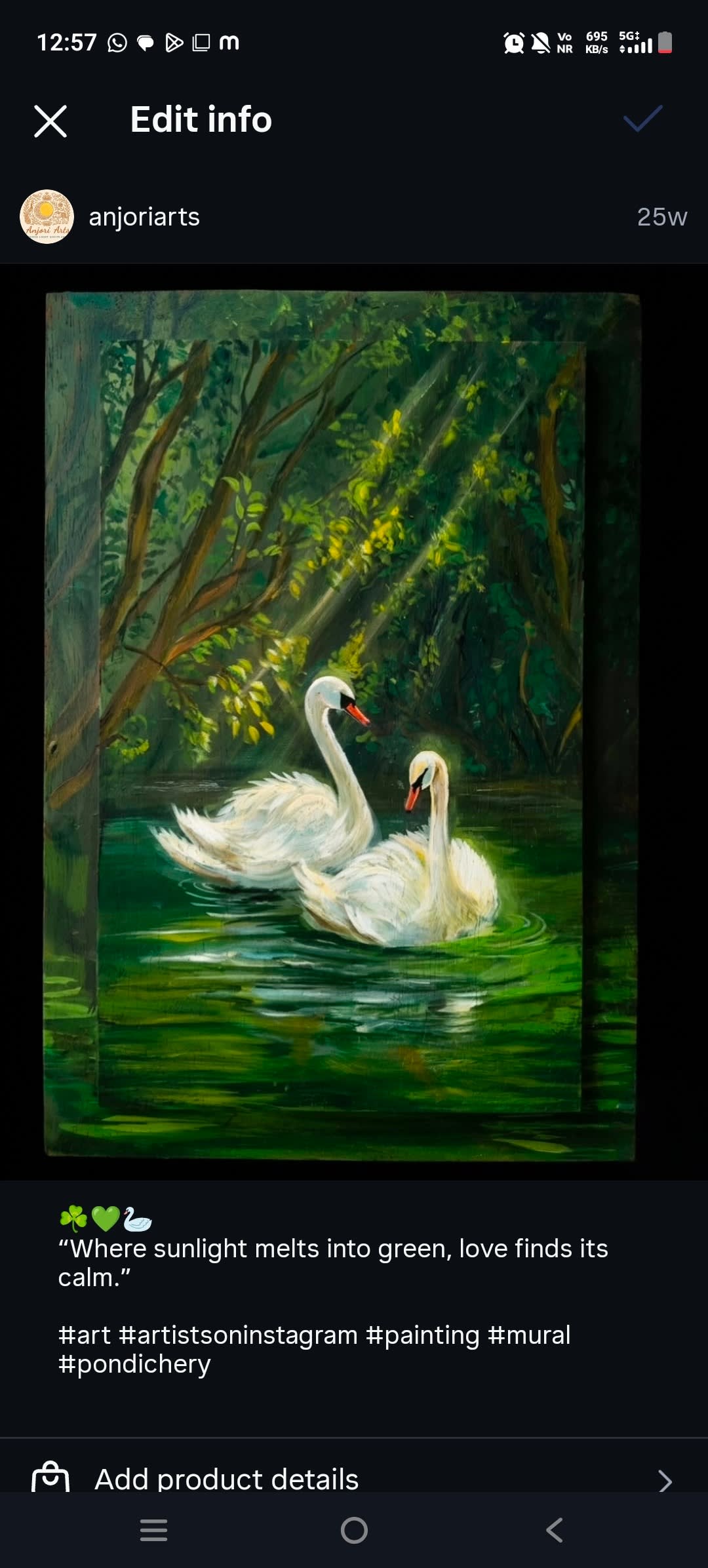 An oil painting of two white swans swimming together in a lush, green pond with shafts of sunlight filtering through trees.