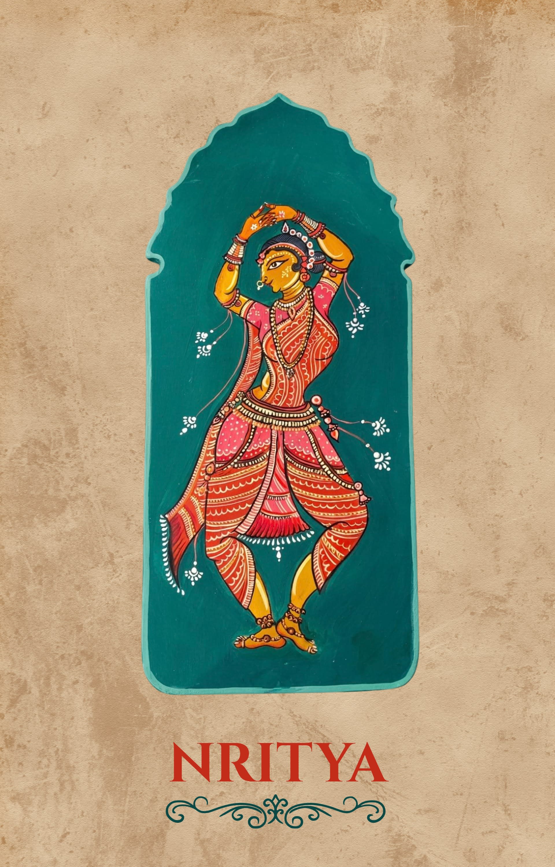 A detailed painting of an Indian classical dancer in a graceful pose, framed in emerald on a textured tan paper background.