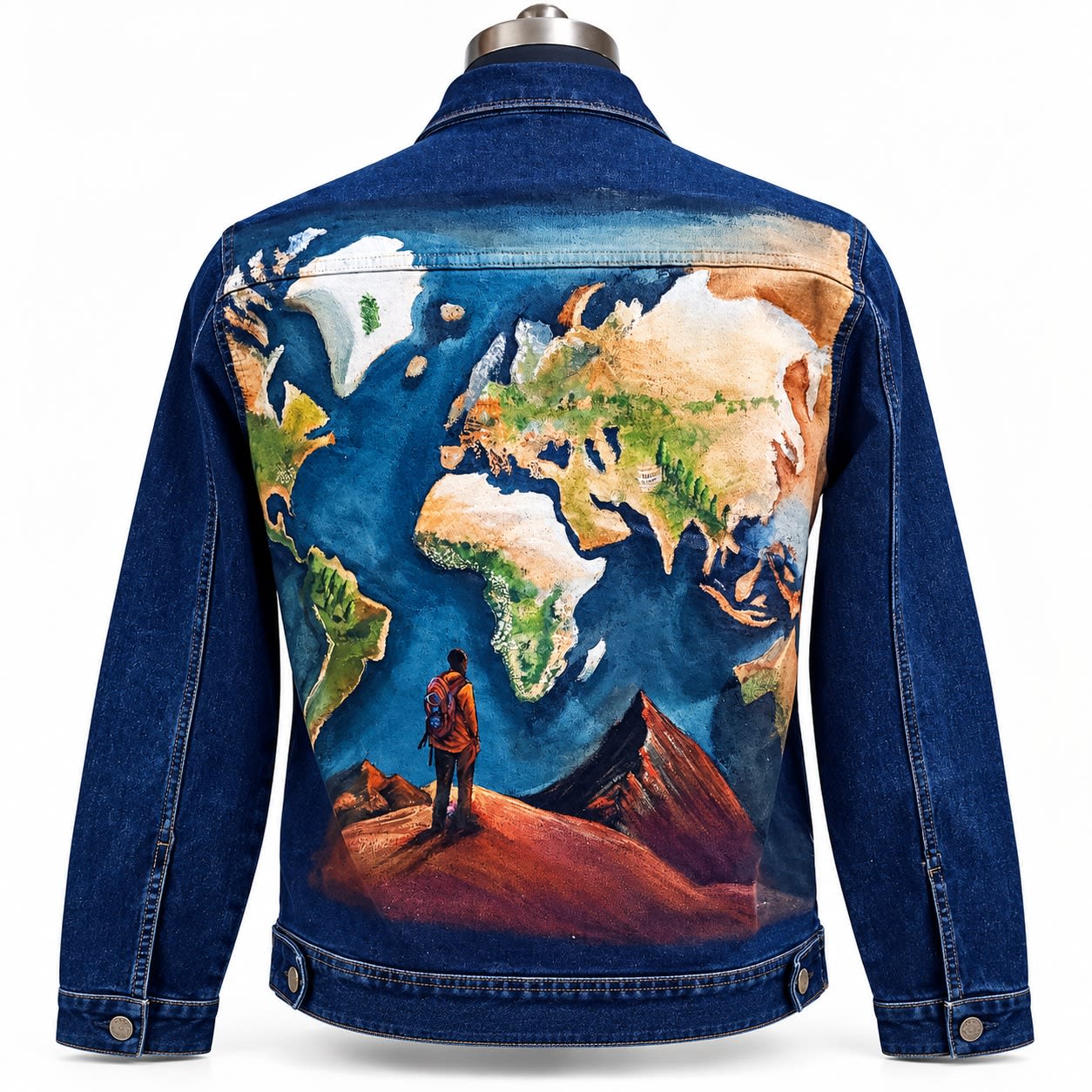 A back view of a blue denim jacket hand-painted with an expansive world map and a traveler looking at mountains.