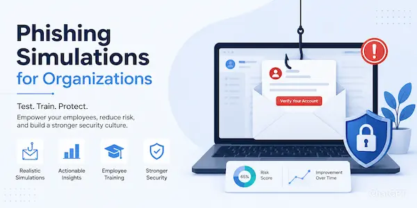 Professional cybersecurity banner showing a phishing email simulation on a laptop screen with a security shield, employee training icons, and phishing awareness elements for organizations.
