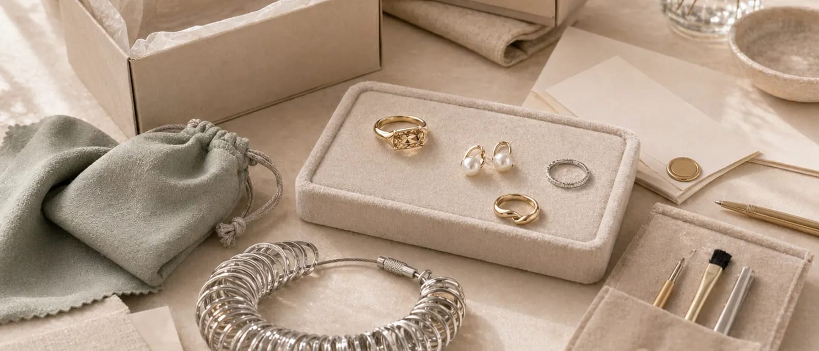 Secure jewelry packaging, care pouch, and tray arranged as a lightweight checkout reassurance strip.
