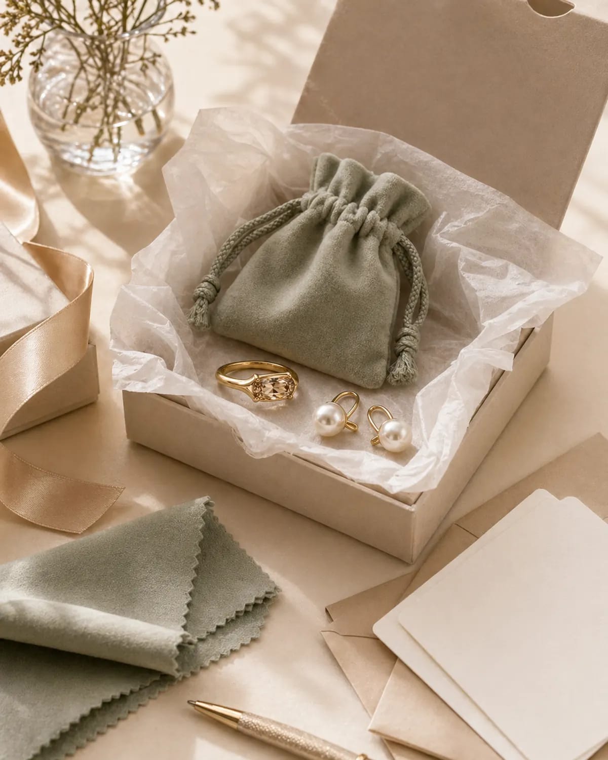 Secure creator seeding kit with jewelry tray, pouch, care cloth, and packaging.