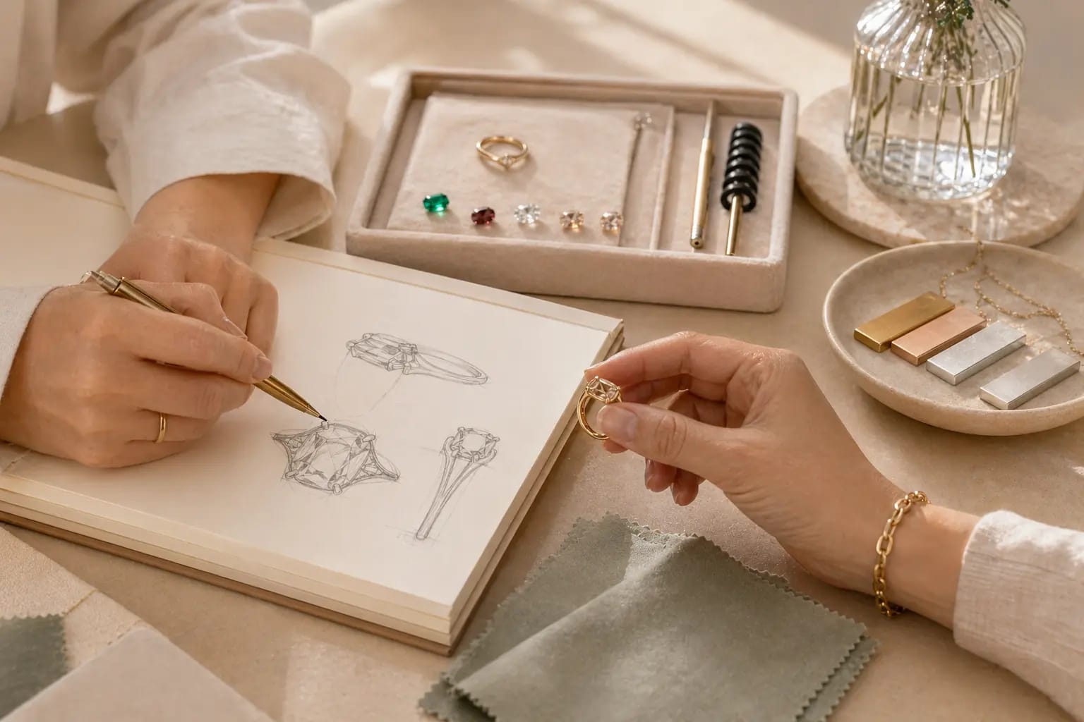 Hands reviewing jewelry sketches beside a ring tray and material samples.