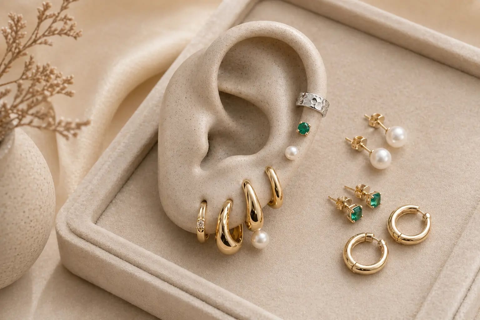 Earscape jewelry arrangement with mixed metal earrings and colored gemstone accents.