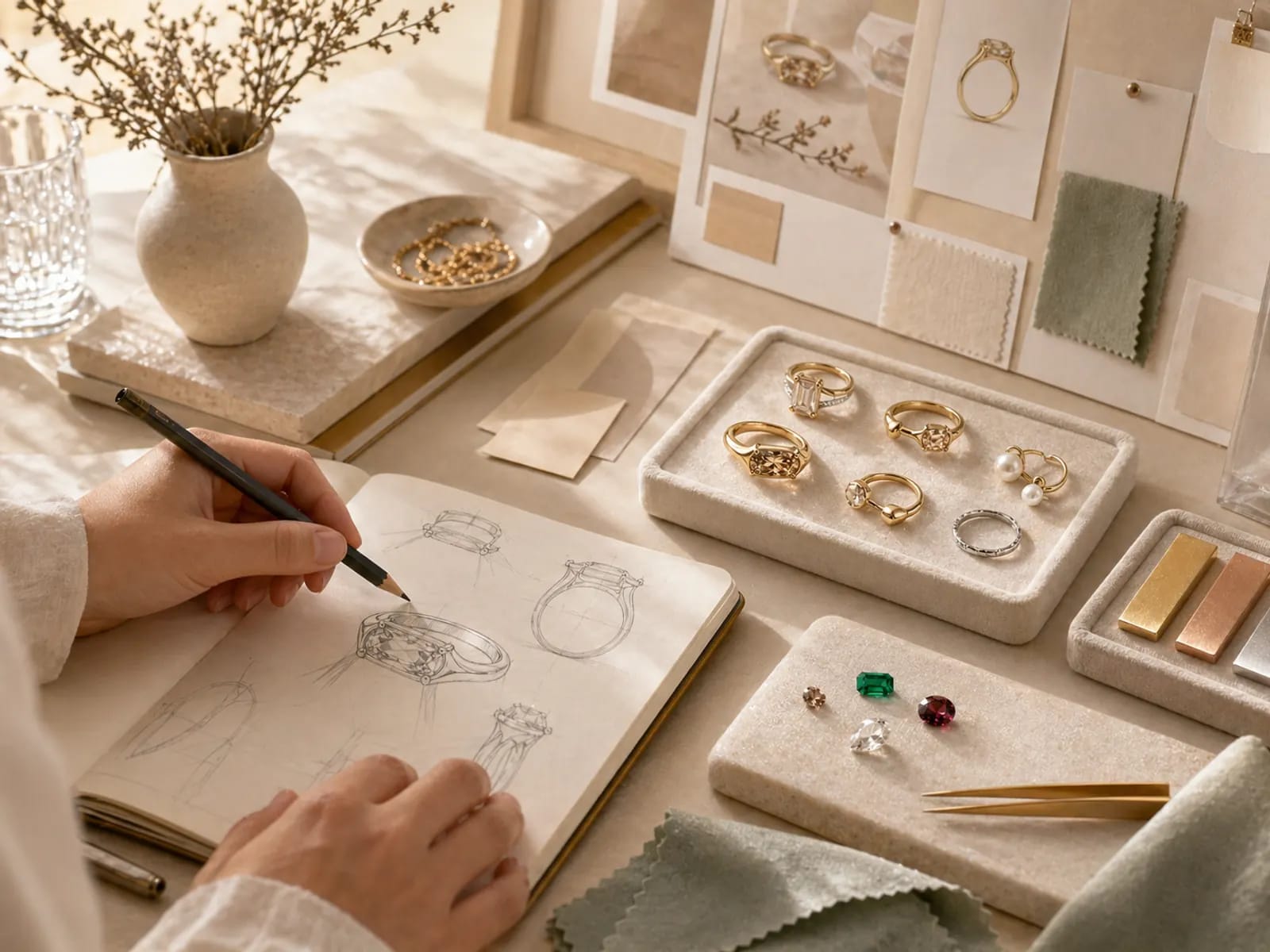 Hands sketching jewelry concepts beside trays of rings and colored stones.