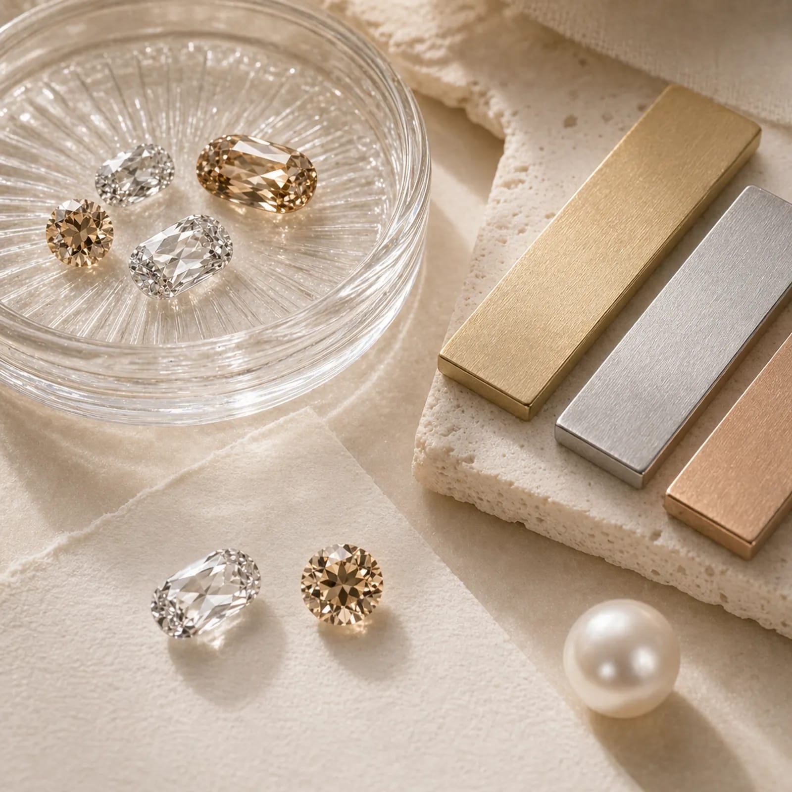 Macro stone and mixed metal finish samples arranged on a textured stone surface.