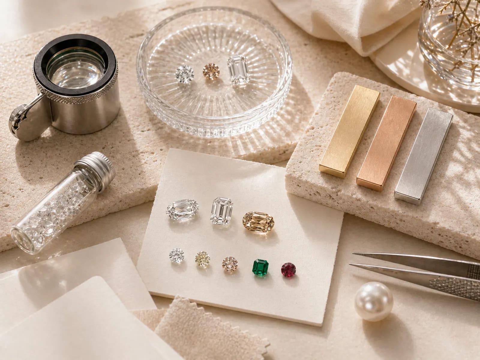 Loose stones, pearls, and material samples arranged for documentation review.