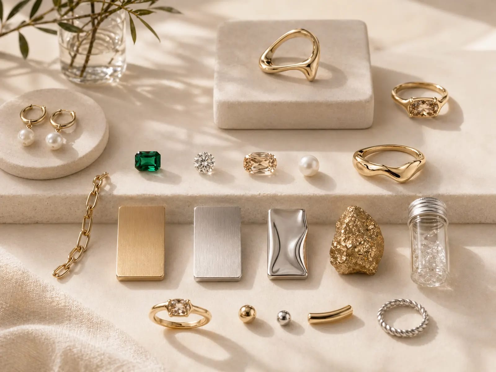 Mixed metal samples, raw gold texture, stones, and pearl arranged on ivory stone.