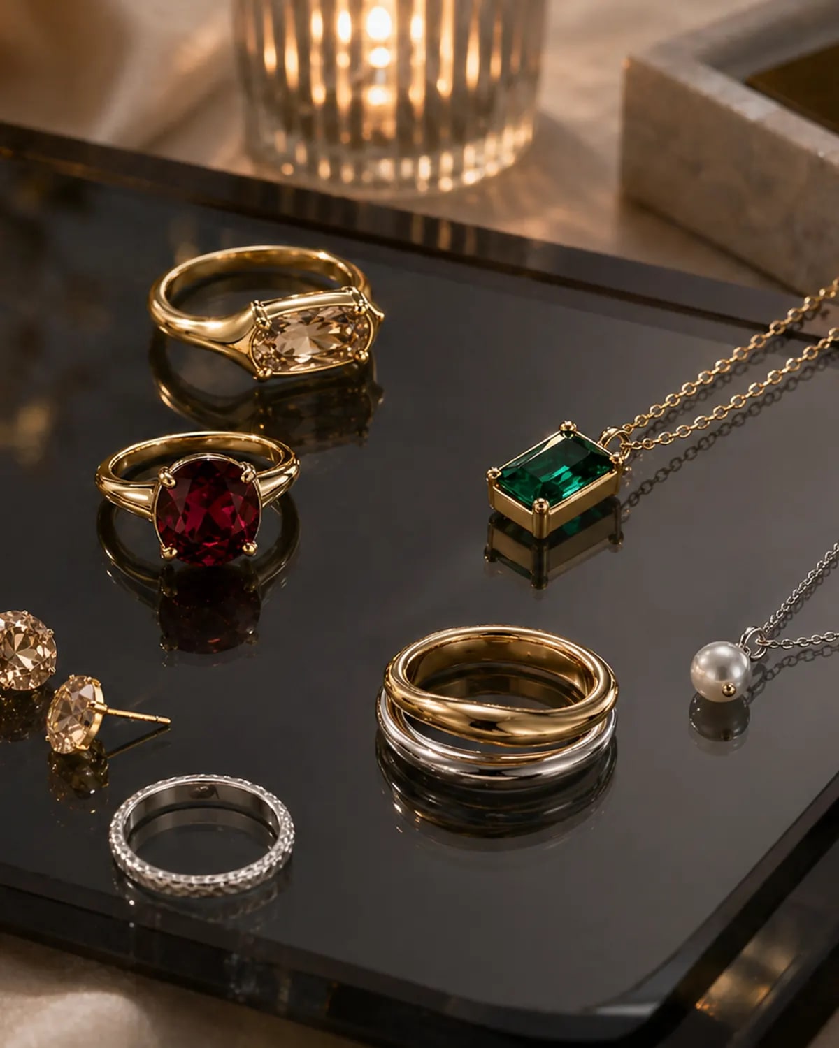 High-contrast jewelry stack with colored stones on a dark editorial surface.