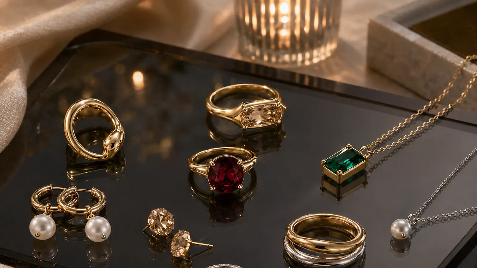 High-contrast jewelry stack with colored stones on a dark editorial surface.
