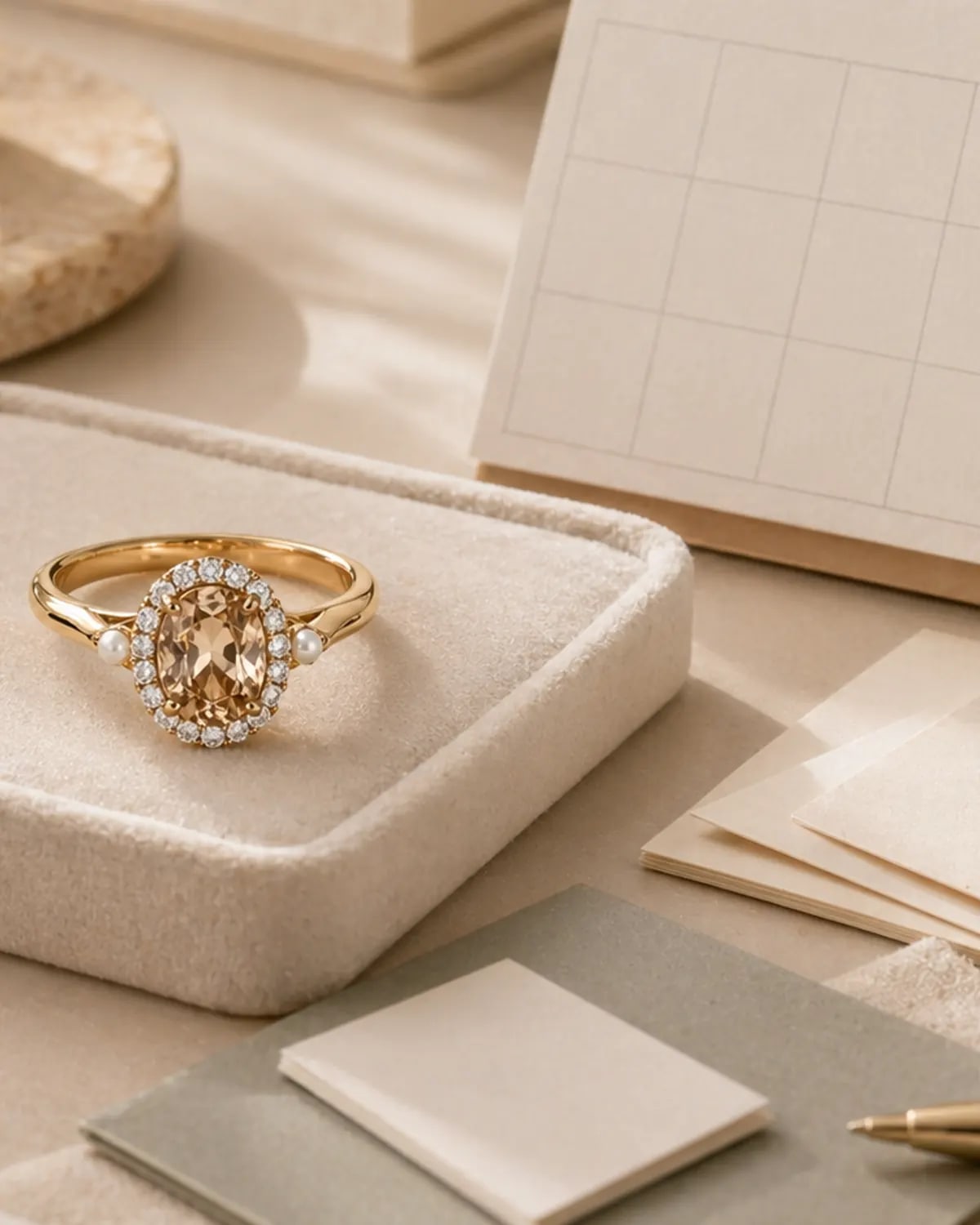 Champagne-stone ring displayed in a tray beside blank planning cards.