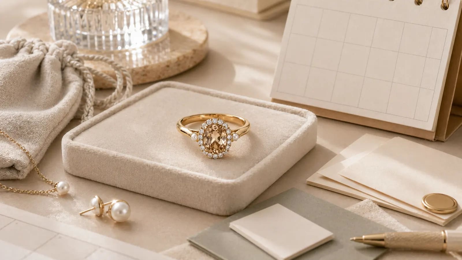 Champagne-stone ring displayed in a tray beside blank planning cards.