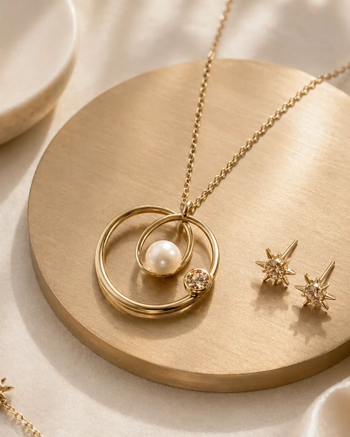 Pearl pendant and gold jewelry arranged on a brushed circular display.