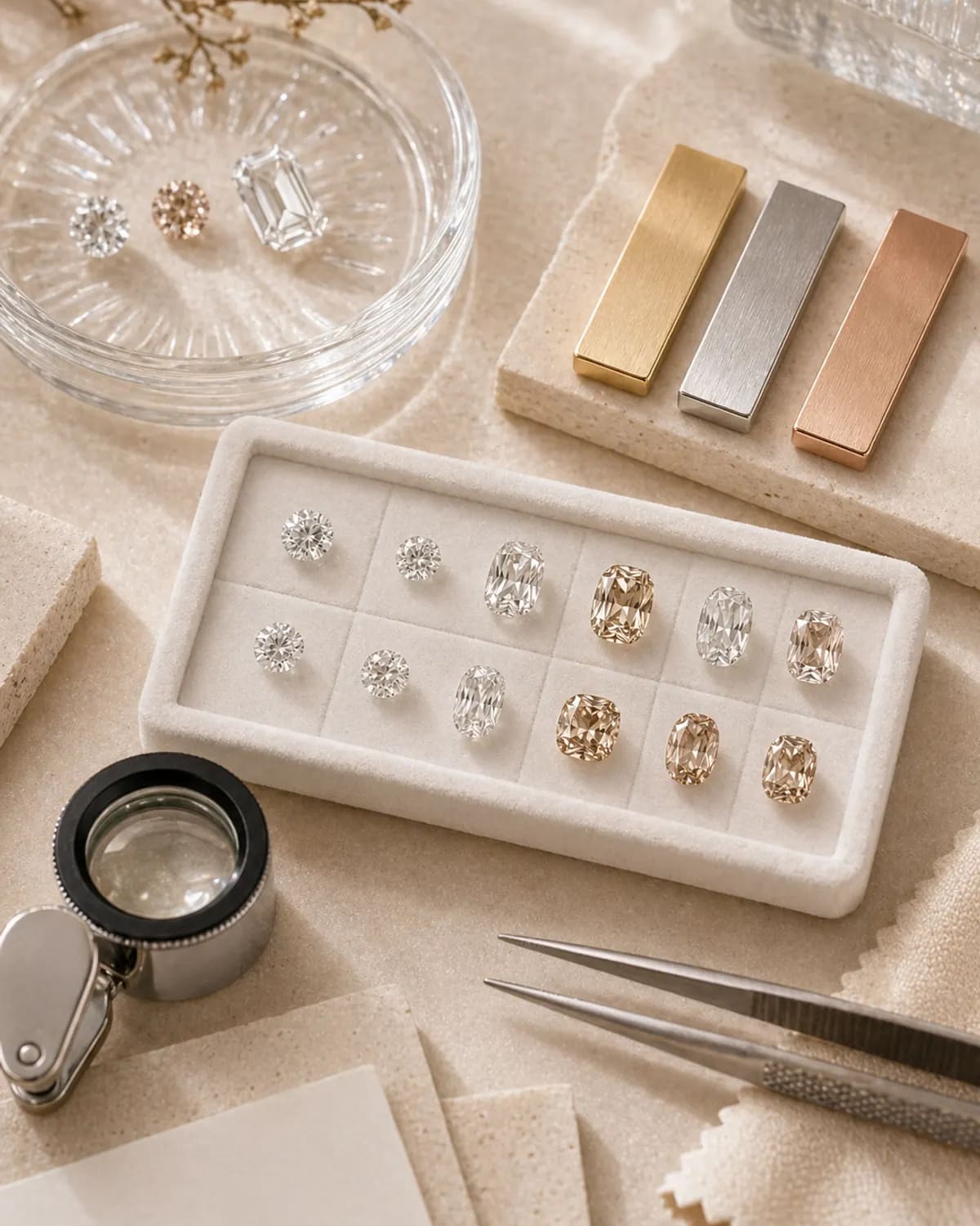 Loose lab-grown stones arranged in a sample tray beside metal swatches.