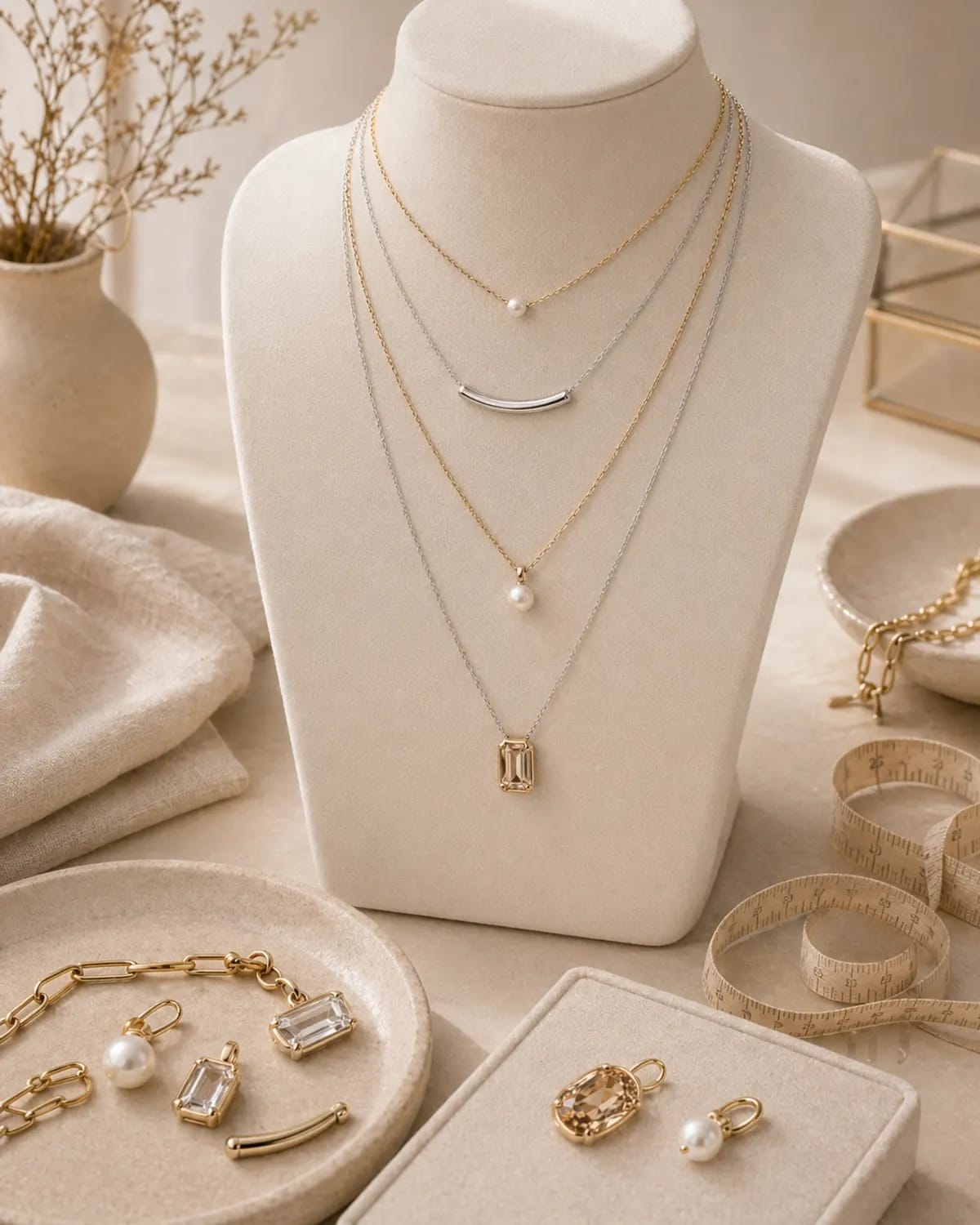 Three delicate necklaces layered on a neutral bust for scale and spacing.