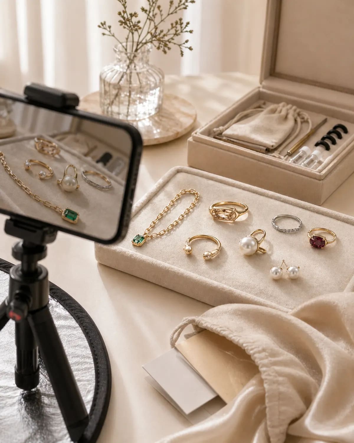 Phone capture setup with sculptural jewelry arranged on a studio tray.