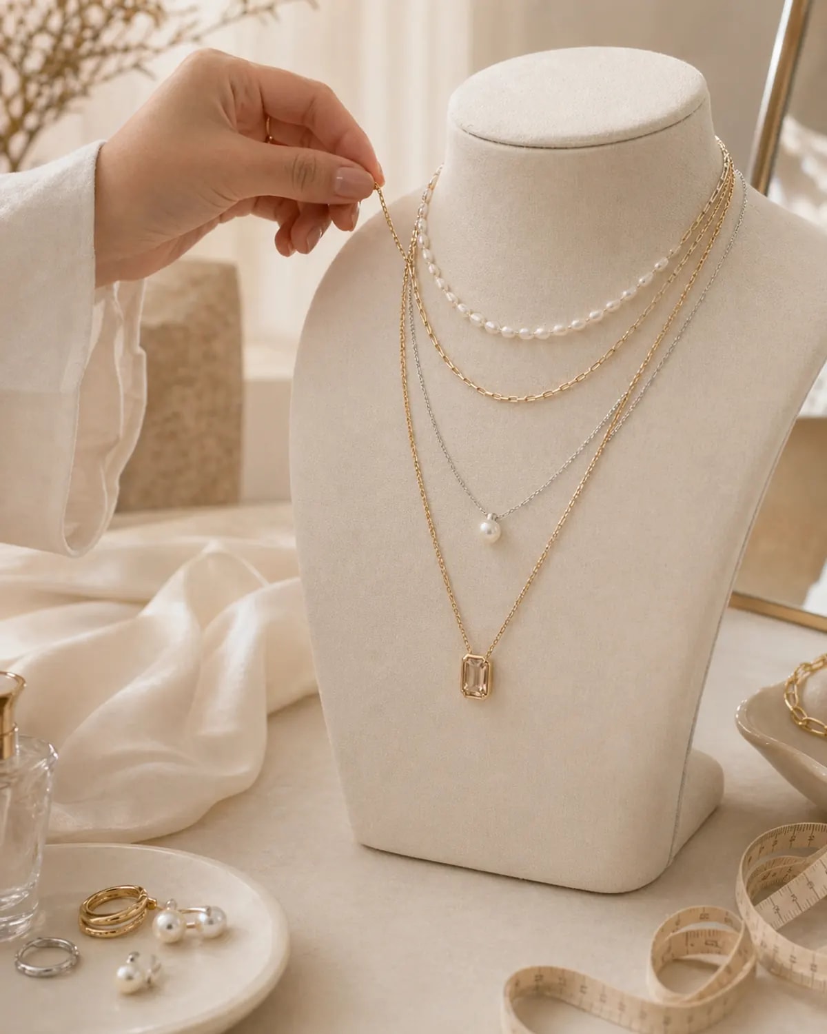 Layered pearl and pendant necklaces styled on a neutral display bust.