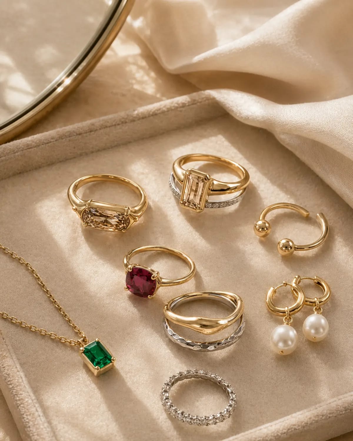 Trend-forward mixed-metal ring stack with pearls and colored gemstone accents.
