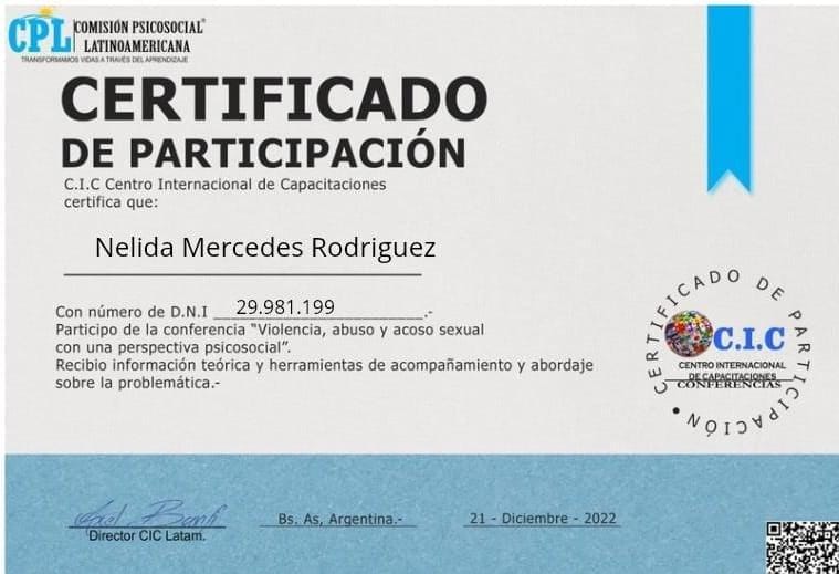 Certificado de conferencia sobre violencia, abuso y acoso sexual