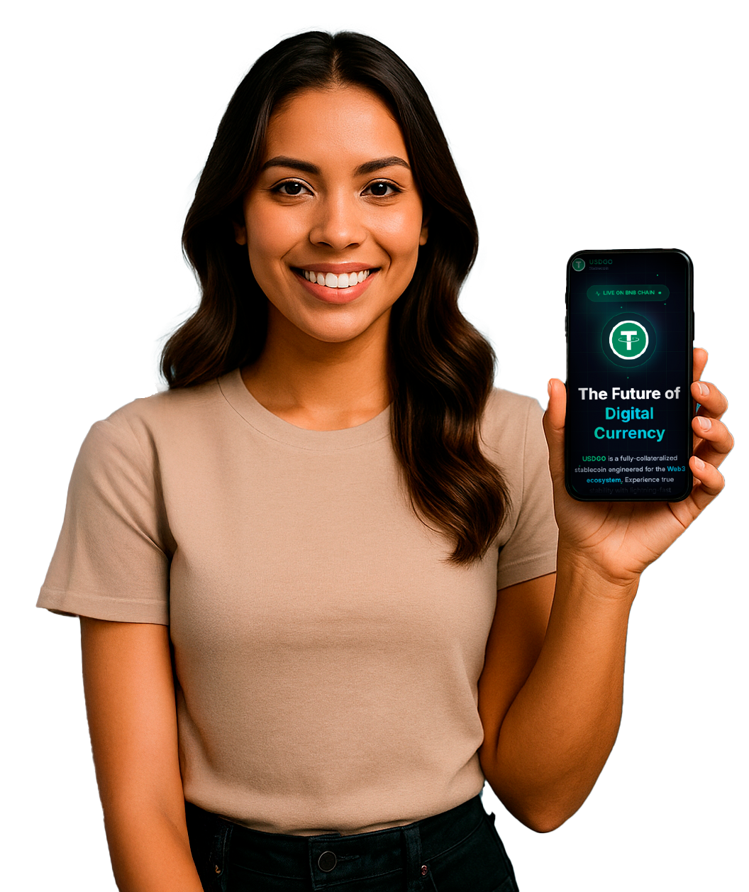 Woman using USDGO mobile app