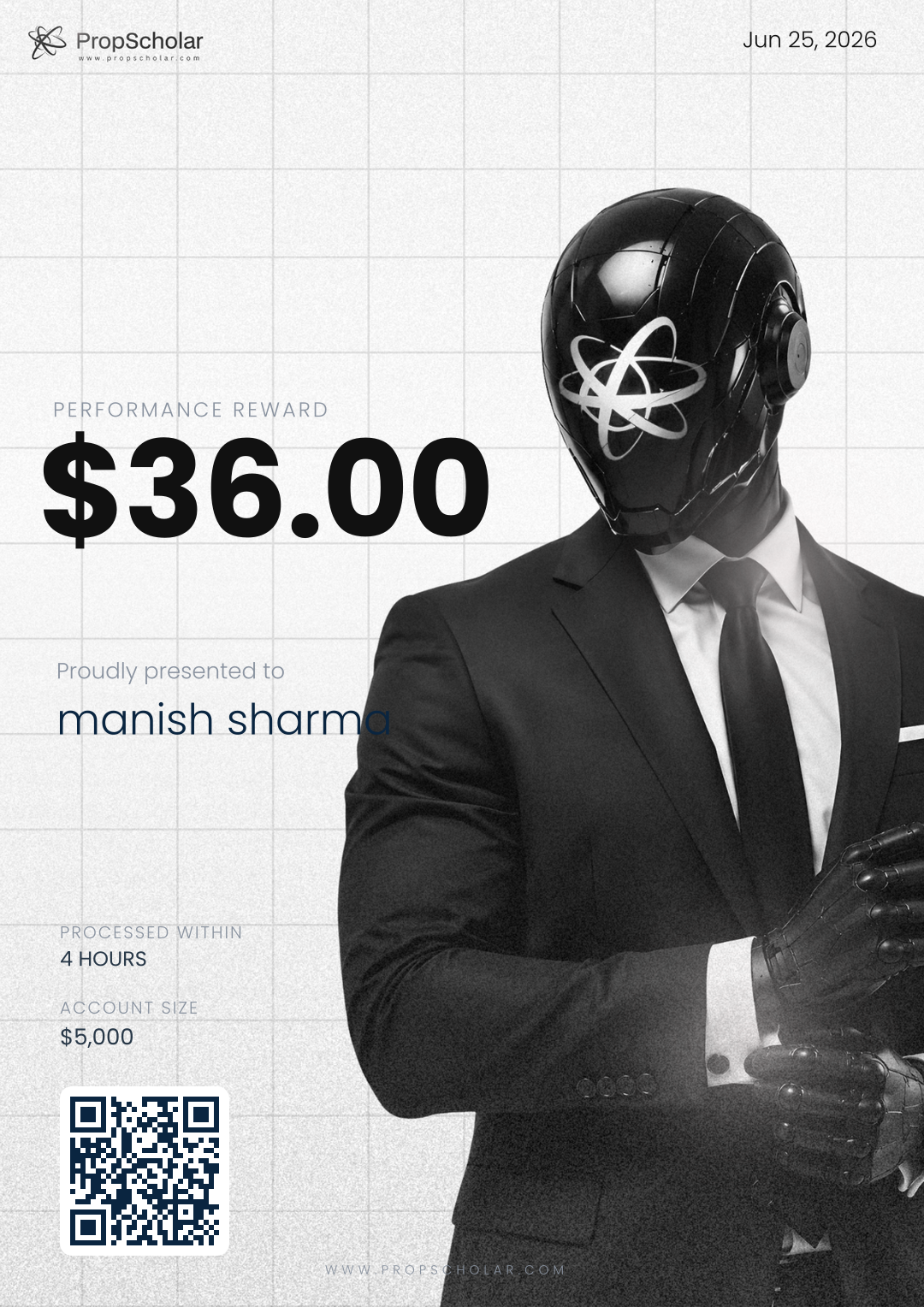 PropScholar payout certificate — manish sharma, $36, May 30, 2026