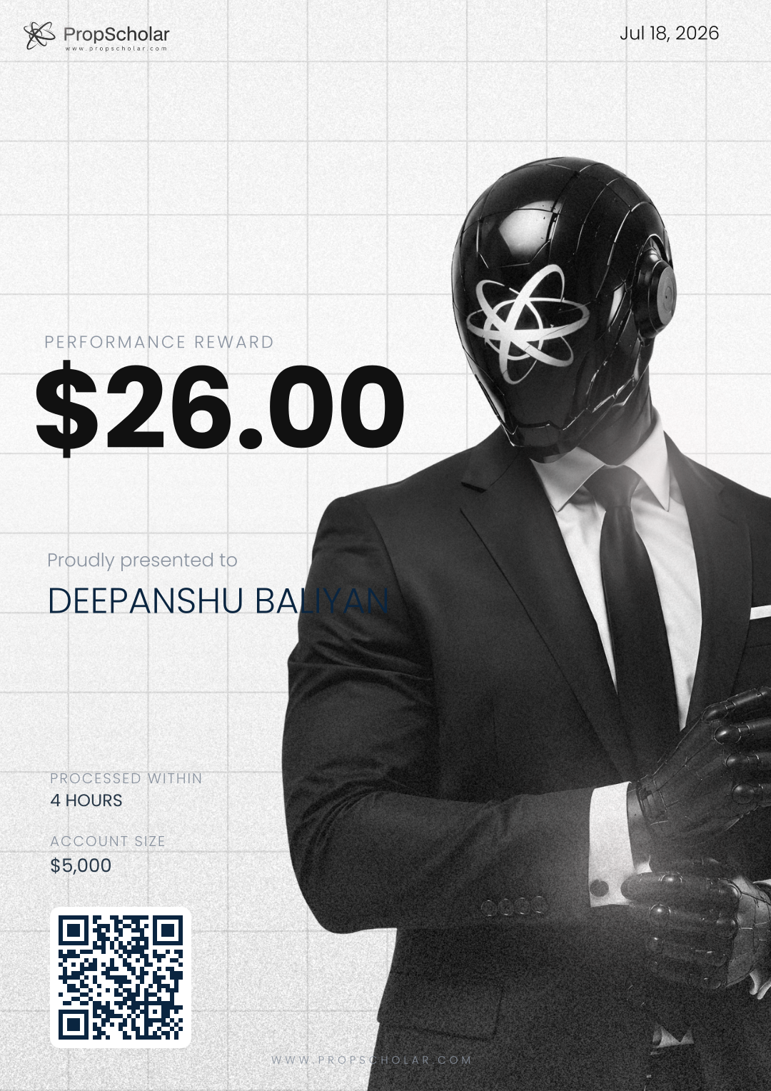 PropScholar verified payout certificate — DEEPANSHU BALIYAN, $26