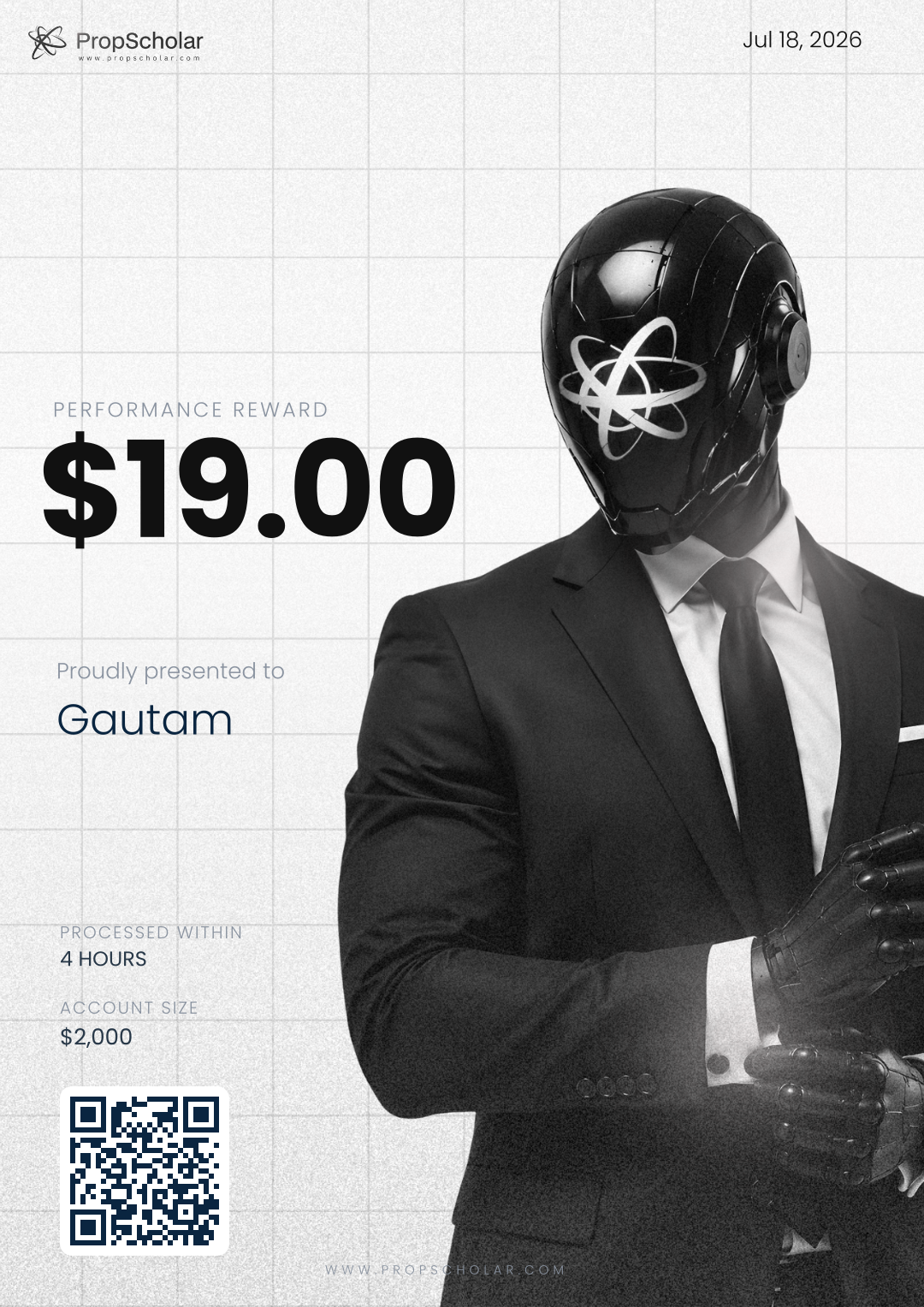 PropScholar verified payout certificate — Gautam, $19