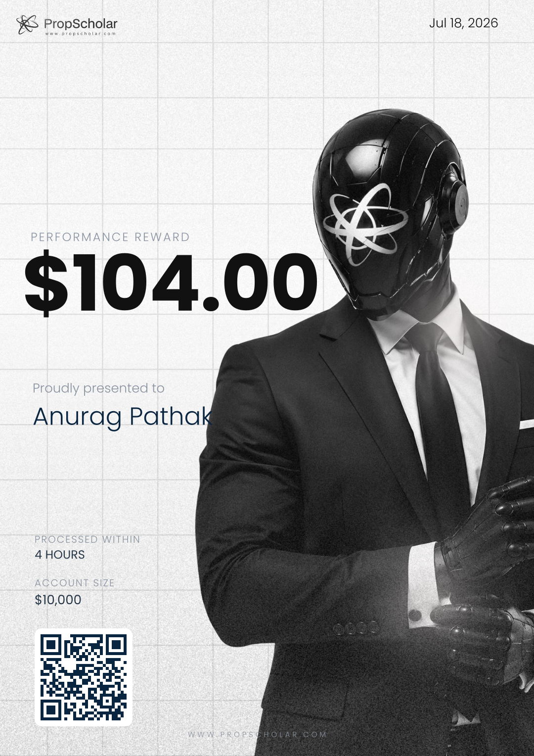 PropScholar verified payout certificate — Anurag Pathak, $104