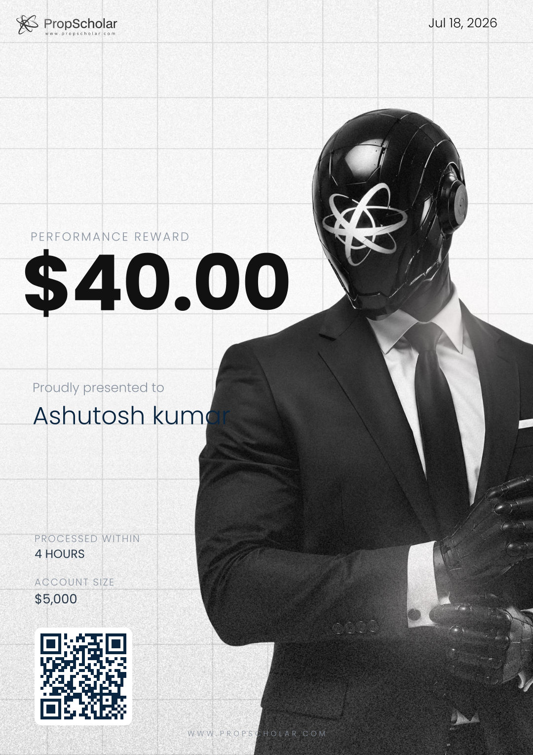 PropScholar verified payout certificate — Ashutosh kumar, $40