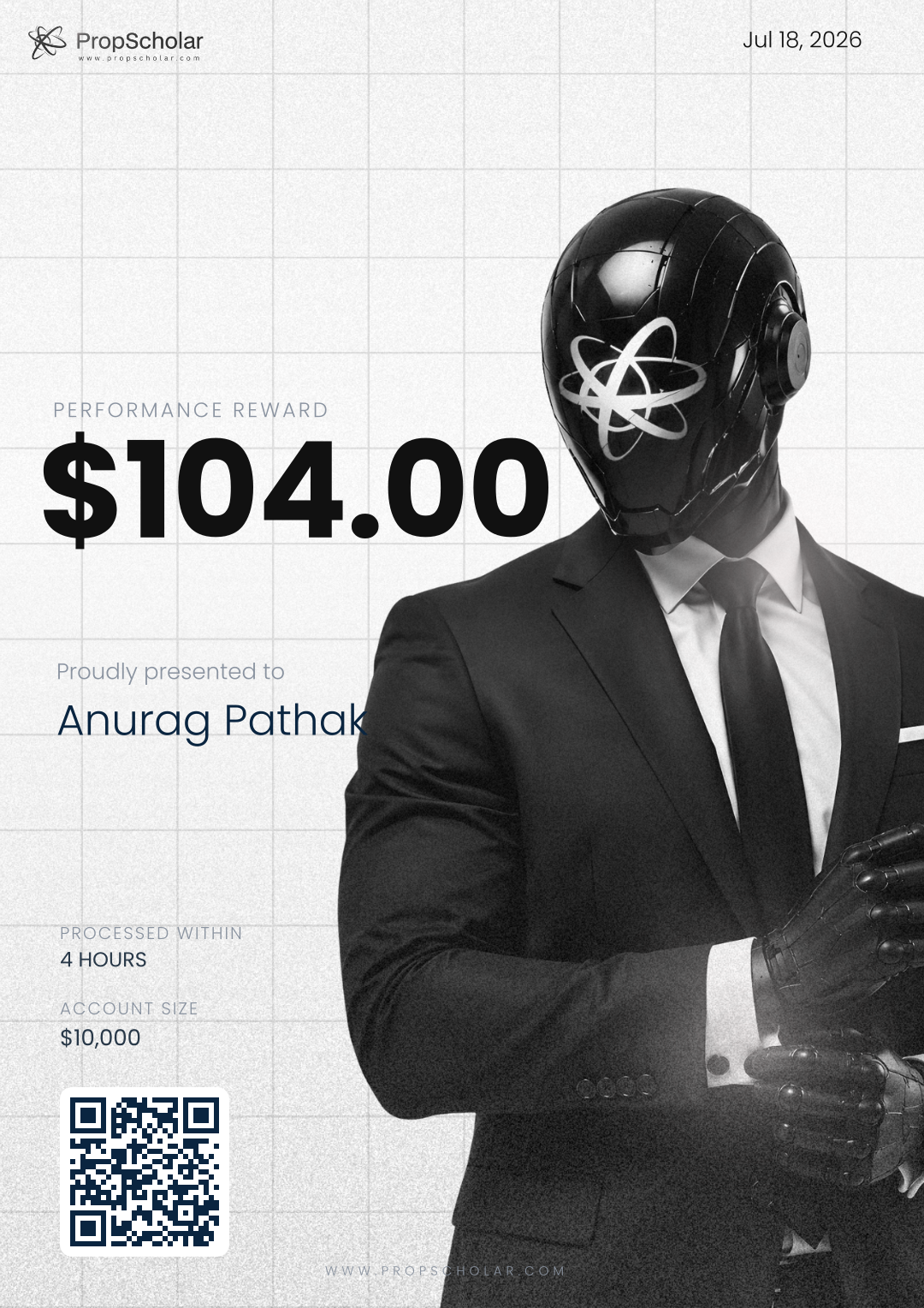 PropScholar verified payout certificate — Anurag Pathak, $104